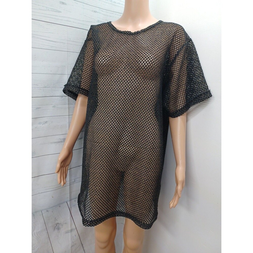 Catalina Womens Black Gold Metallic Mesh Swim Cover Up Sz M